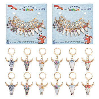 Alloy Enamel Ox-Head Pendant Locking Stitch Markers, 304 Stainless Steel Clasp Stitch Marker, Mixed Color, 3.5cm, 6 style, 2pcs/style, 12pcs/set