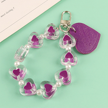 Imitation Leather Pendants Keychain, with Resin Beads and Alloy Findings, Heart with Word, Medium Violet Red, Heart: 3x3.8cm