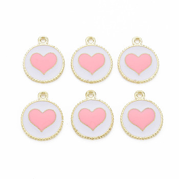 Alloy Enamel Pendants, Light Gold, Cadmium Free & Nickel Free & Lead Free, Flat Round with Heart, Pink, 18x15x1.5mm, Hole: 1.6mm