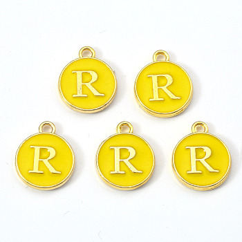 Golden Plated Alloy Enamel Charms, Enamelled Sequins, Flat Round with Letter, Gold, Letter.R, 14x12x2mm, Hole: 1.5mm