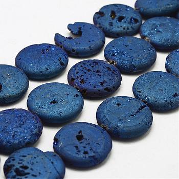 Electroplated Natural Druzy Geode Crystal Beads Strands, Flat Round, Dyed, Blue Plated, 30x7~8mm, Hole: 2mm, about 7pcs/strand, 8.26 inch(21cm)