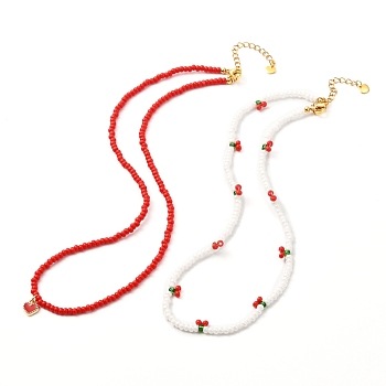 Red & White Glass Seed Beaded Necklaces Sets, with Heart Alloy Enamel Charms & Chain Extender, Golden, Mixed Color, 16.54 inch(42cm), 14.57 inch(37cm), 2pcs/set
