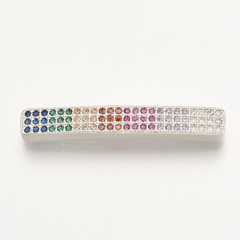 Brass Micro Pave Cubic Zirconia Beads, Rectangle, Colorful, Platinum, 35x5.5x3.5mm, Hole: 1.5mm