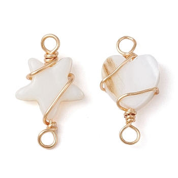 2Pcs 2 Styles Natural Freshwater Shell Copper Wire Wrapped Connector Charms, Light Gold, Star & Heart Links, WhiteSmoke, 17.5~18x9~10.5x2.5~3mm, Hole: 2~2.5mm, 1pc/style