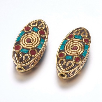 Handmade Indonesia Beads, with Brass Findings, Nickel Free, Oval with Vortex, Colorful, Unplated, 29.5x14x9mm, Hole: 2mm