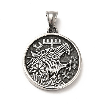 304 Stainless Steel Pendants, Flat Round with Wolf, Antique Silver, 33.5x29x4mm, Hole: 5x7mm