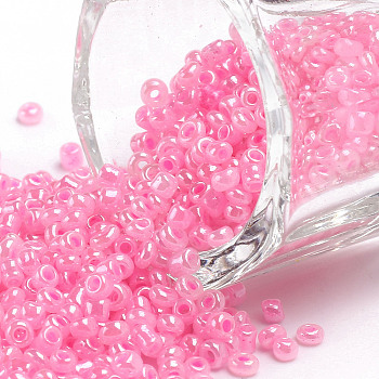 (Repacking Service Available) Glass Seed Beads, Ceylon, Round, Pink, 8/0, 3mm, Hole: 1mm, about 12g/bag