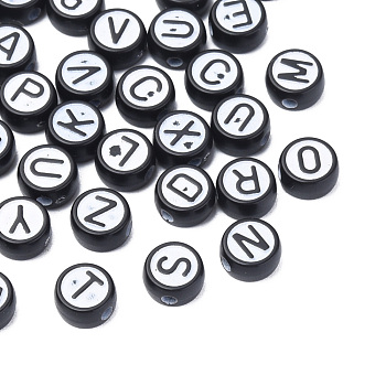 Opaque Black Acrylic Beads,  Flat Round with Random Letter, White, 7x4mm, Hole: 1.5mm, about 3900pcs/500g