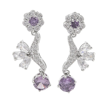 Brass Pave Cubic Zirconia Flower Stud Earrings for Women, Platinum, Medium Purple, 30x12mm