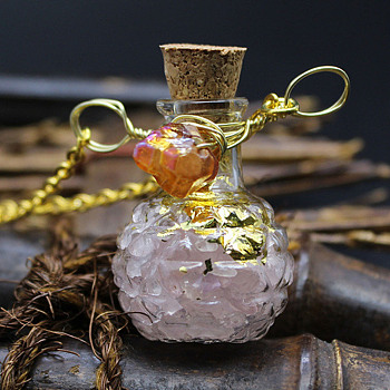 Natural Rose Quartz Chips Perfume Bottle Necklace, Glass Pendant Necklace with Alloy Chains for Women, 19.69 inch(50cm)