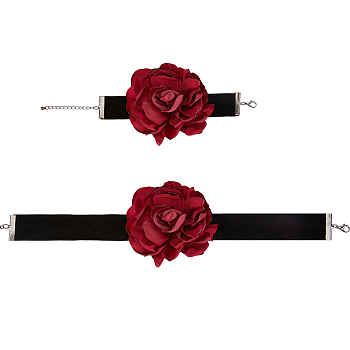 Gothic Cloth Flower Cord Bracelet & Choker Necklace, Velvet Jewelry Set for Women, Dark Red, 7~7-3/8 inch(17.7~18.7cm), 
13.31~13.46 inch(33.8~34.2cm), 2Pcs/set