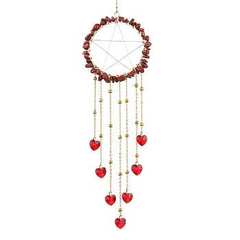 Wire Wrapped Natural Red Jasper Chips Ring Hanging Ornaments, Glass Heart Tassel Suncatchers for Indoor Window Patio Garden Decorations, 314mm