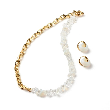 Synthetic Opalite Chip Beads Jewelry Set, Gemstone Beaded Necklace and Drop Huggie Hoop Earrings for Women, Light Gold, 16.73 inch(42.5cm), 20mm, Pin: 1mm