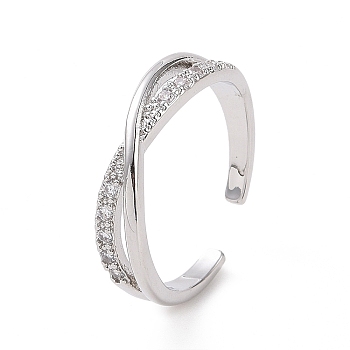 Clear Cubic Zirconia Criss Cross Open Cuff Ring, Brass Jewelry for Women, Platinum, Inner Diameter: 18mm