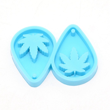 DIY Pendant Silicone Molds, for Earring Making, Resin Casting Molds, For UV Resin, Epoxy Resin Jewelry Making,, Teardrop with Pot Leaf Pattern, Deep Sky Blue, 38x52.5x7.2mm, Hole: 2.2mm, Inner Diameter: 34x25mm