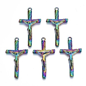 Alloy Pendants, Cadmium Free & Lead Free, for Religion, Cross with Jesus, Rainbow Color, 44x23x5mm, Hole: 2.5mm