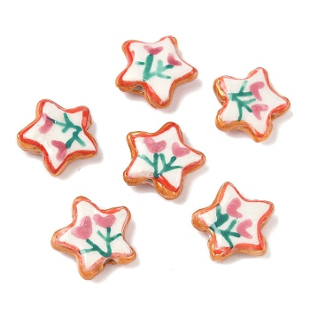 Handmade Porcelain Beads, Hand Painted Ceramic Beads, Star with Flower, with Enamel, Pale Violet Red, 16~17x16~17x5~6mm, Hole: 1.6~1.8mm
