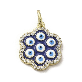 Brass Enamel Pendants, with Jump Ring, Real 18K Gold Plated, Evil Eye, Flower, 18x15x2.4mm, Hole: 3.4mm