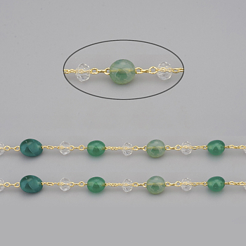 3.28 Feet Handmade Natural Green Agate Beaded Chains, with Rondelle Glass Beads and Golden Brass Cable Chains, Long-Lasting Plated, Unwelded, Nuggets, Link: 2x1.5x0.3mm, Gemstone Beads: 6~12x6~6.5x4~4.5mm, Glass Beads: 4x3mm