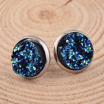 Flat Round 304 Stainless Steel Druzy Resin Ear Studs, Dark Turquoise, 14x7mm, Pin: 0.7mm