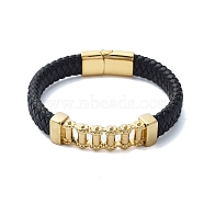 Men's Braided Black PU Leather Cord Bracelets, Chain 304 Stainless Steel Link Bracelets with Magnetic Clasps, Golden, 8-3/4x1/2 inch(22.3x1.4cm)(BJEW-K243-66B-G)