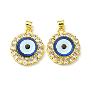 Real 18K Gold Plated Brass Pendants, with Glass and Acrylic, Flat Round with Evil Eye Charms, Blue, 23.5x20x7mm, Hole: 4x3.5mm(KK-L209-008G-01)