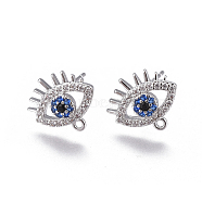 Brass Stud Earring Findings, with Loop, Micro Pave Cubic Zirconia, Eyes, Colorful, Platinum, 10x12x2.5mm, Hole: 1mm, Pin: 0.8mm(KK-I650-18P)
