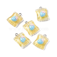 Transparent Resin Pendants, Candy with Strawberry Charm, with Platinum Tone Metal Loops, Yellow, 22x16x8.5mm, Hole: 2mm(RESI-M030-01A)