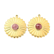 Vacuum Plating 304 Stainless Steel Pendants, Faceted Natural Rhodonite Flower Charms, Real 18K Gold Plated, 24x22x4.5mm, Hole: 1.5mm(STAS-L278-121G-02)