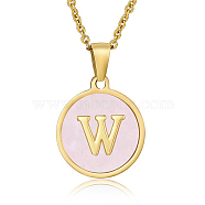 Natural Shell Initial Letter Pendant Necklace, with Golden Stainless Steel Cable Chains, Letter W, 17.72 inch(45cm)(LE4192-23)