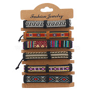 6Pcs 6 Colors PU Leather & Cotton Braided Cord Bracelets Set, Ethnic Tribal Adjustable Bracelets for Women, Brown, Inner Diameter: 2~2-1/2 inch(5.2~6.2cm), 1Pc/color(PW-WG43775-04)