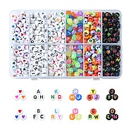 900Pcc 6 Styles Opaque Acrylic Beads, with Enamel, Flat Round with Letter, Mixed Color, 6~7x3.5~4mm, Hole: 1~2mm, 150pcs/style(MACR-YW0002-49)