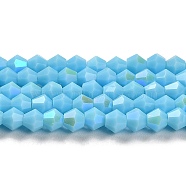 Opaque Solid Color Imitation Jade Glass Beads Strands, AB Color Plated, Faceted, Bicone, Deep Sky Blue, 4x4mm, Hole: 0.8mm, about 87~98pcs/strand, 12.76~14.61 inch(32.4~37.1cm)(GLAA-F029-P4mm-D12)
