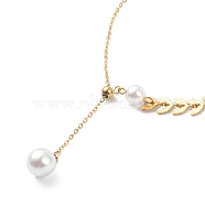 304 Stainless Steel Pendant Necklaces, with Acrylic Imitation Pearl and Cobs Chains, Round Ball, White, Golden, 18.62 inch(47.3cm)(NJEW-K118-30G)