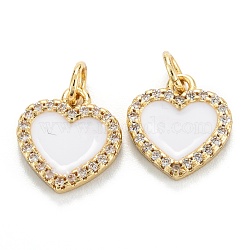Brass Micro Pave Clear Cubic Zirconia Pendants, with Enamel, Real 18K Gold Plated, Long-Lasting Plated, Heart, White, 12x11x2mm, Hole: 3.2mm(ZIRC-M115-43G-B)