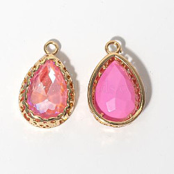 Glass Pendants, with Light Gold Tone Brass Findings, Teardrop Charms, Pearl Pink, 19.5x12.5x5mm, Hole: 1.5mm(GLAA-TAC0020-01A)