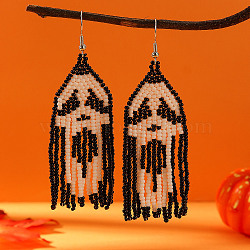 Halloween Style Skull Ghost Glass Bead Handmade Earrings for Women, Black, 85x27mm(KT4752)