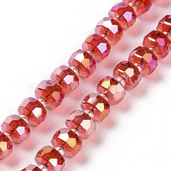 Transparent Electroplate Glass Beads Strands, AB Color Plated, Faceted, Rondelle, Red, 7.5x5mm, Hole: 1.4mm, about 80pcs/strand, 22.83''(58cm)(GLAA-E036-01D)
