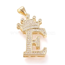 Brass Micro Pave Cubic Zirconia Pendants, Long-Lasting Plated, with Snap on Bail, Letter.E with Crown, Real 18K Gold Plated, Clear, Letter.E, E: 28x17x4mm, Hole: 3x4mm(KK-R138-002E)