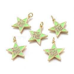 Brass Micro Pave Clear Cubic Zirconia Pendants, with Enamel and Jump Rings, Star with Word, Real 18K Gold Plated, Light Green, 20x19x2mm, Hole: 3mm(ZIRC-I046-11C)