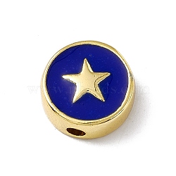 Brass Enamel Beads, Long-Lasting Plated, Cadmium Free & Lead Free, Real 18K Gold Plated, Flat Round with Star, Blue, 11x4.5mm, Hole: 1.8mm(KK-F814-03G-01)