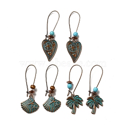 3 Pairs 3 Style Heart & Shell & Coconut Tree Alloy Dangle Earrings Set, Wood & Resin Beaded Long Drop Earrings for Women, Red Copper & Green Patina, 50~56mm, Pin: 0.7~0.8mm, 1 Pair/style(EJEW-G330-01R)
