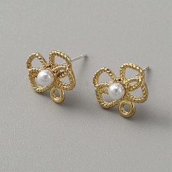 Alloy Stud Earrings, with Imitation Pearl Beaded & Horizontal Loops, Bowknot, Golden, 11x12mm, Hole: 1.6mm, Pin: 0.8mm(FIND-TAC0005-46G)