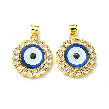 Real 18K Gold Plated Brass Pendants, with Glass and Acrylic, Flat Round with Evil Eye Charms, Blue, 23.5x20x7mm, Hole: 4x3.5mm