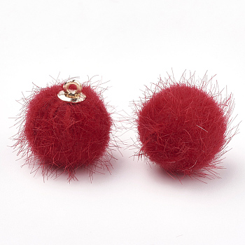 Faux Mink Fur Covered Pendants, with Brass Findings, Round, Golden, Red, 14x12mm, Hole: 1mm