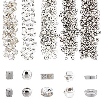 3140Pcs 5 Style CCB Plastic Spacer Beads, Iron Grade B Rhinestone Spacer Beads, Bead Sets, Mixed Shape, Platinum & Silver, 3~6x3~5x1.5~3.5mm, Hole:1~2mm, 3140pcs