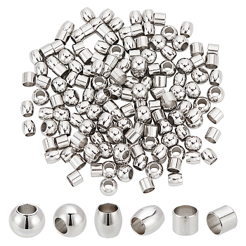 Elite 150Pcs 3 Style 304 Stainless Steel European Beads, Barrel/Rondelle/Column Large Hole Beads, Stainless Steel Color, 6~8x5~6mm, Hole: 4~5mm, 50pcs/style