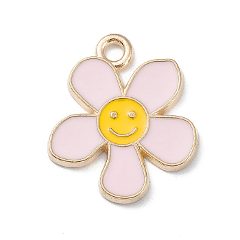 Alloy Enamel Pendants, Light Gold, Flower with Smiling Face Charm, Pink, 21.5x18x1.5mm, Hole: 2mm