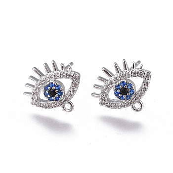 Brass Stud Earring Findings, with Loop, Micro Pave Cubic Zirconia, Eyes, Colorful, Platinum, 10x12x2.5mm, Hole: 1mm, Pin: 0.8mm