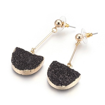 Natural Druzy Quartz Dangle Stud Earrings, with Golden Tone Brass Findings, Half Round, Black, 56mm, Pin: 0.7mm